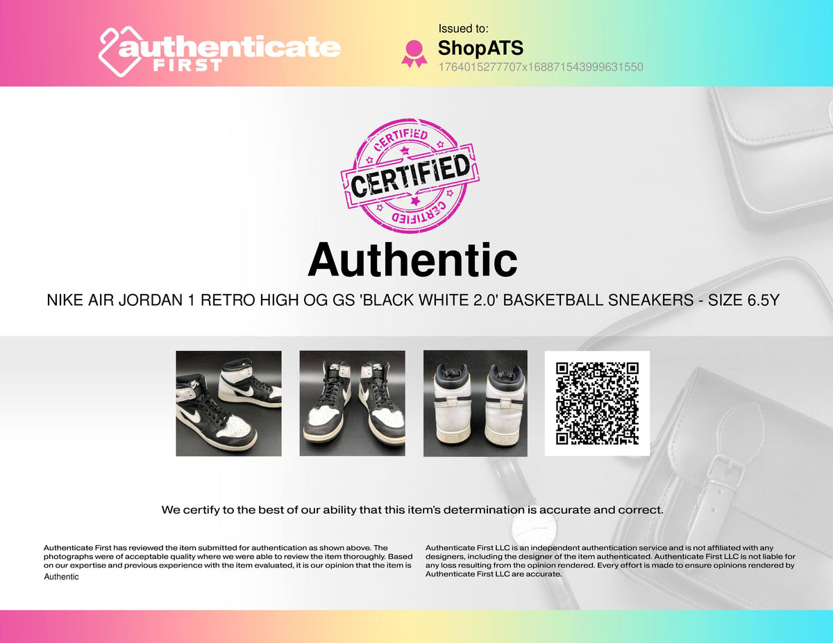 Nike Jordan 1 Retro High OG GS Boys' 'Black White 2.0' Sneakers - Sz 6.5Y (+COA)