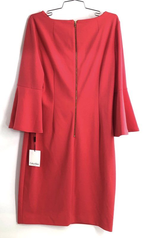 Calvin Klein Women's Red Bell Flared Sleeve Boat Neck Sheath Dress Sz 14 NWT