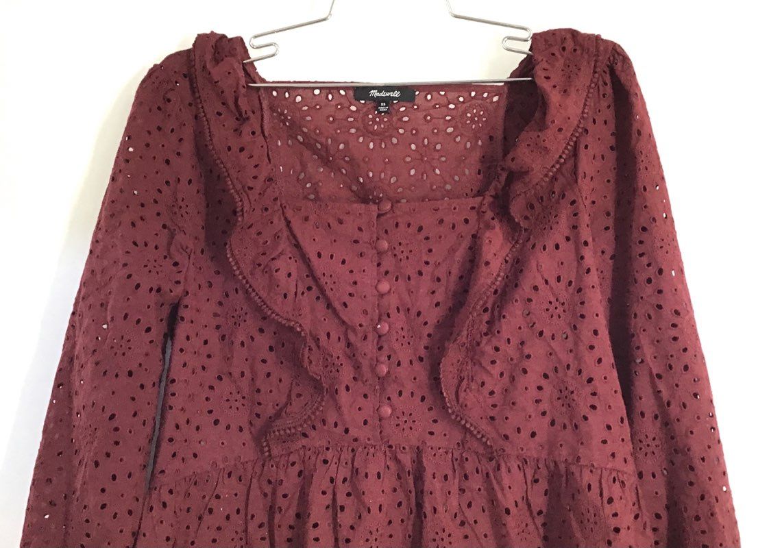 Madewell Women's Burgundy Eyelet Ruffle Peplum Blouse Sz XS