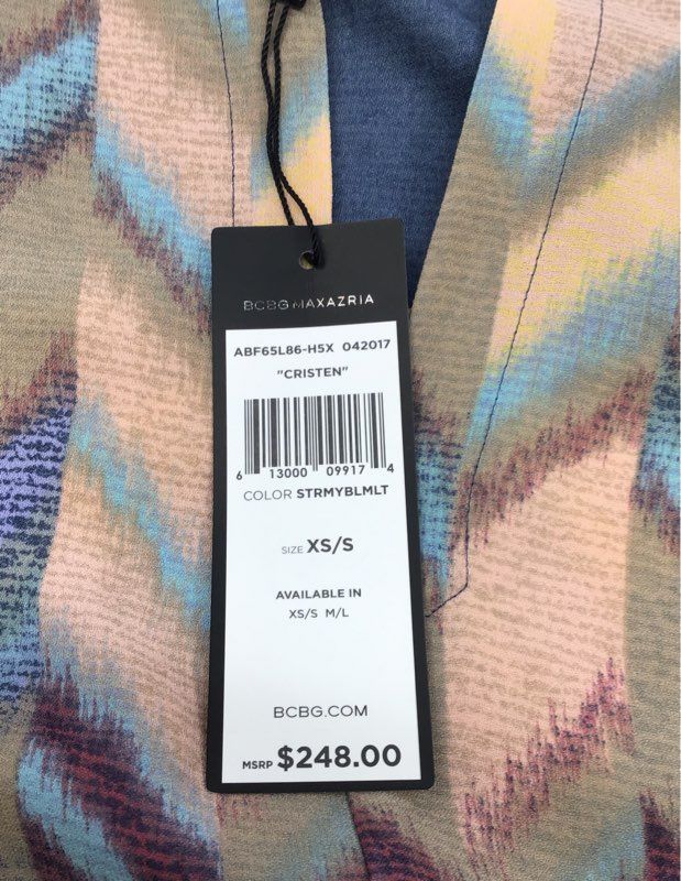 BCBGMAXAZRIA Women's Cristen High-Low Dress Stormy Blue Multi Chevron NWT XS/S