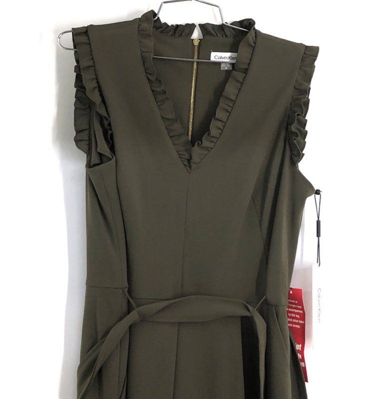 Calvin Klein Women's Olive Green Ruffle V-Neck Wide Leg Jumpsuit Sz 12 NWT
