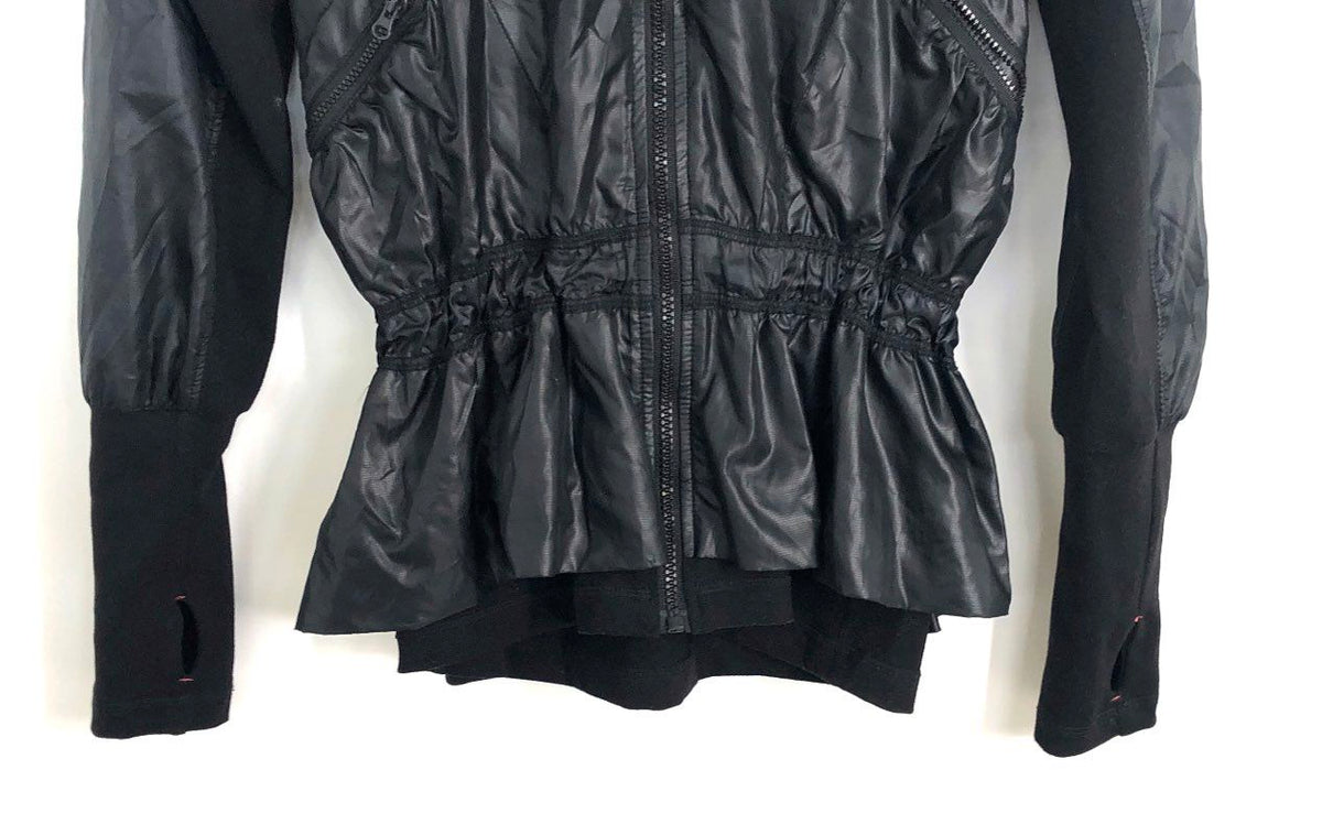 Zella Women's Black Hooded Peplum Running Jacket Pink Accents Thumbholes Sz XS