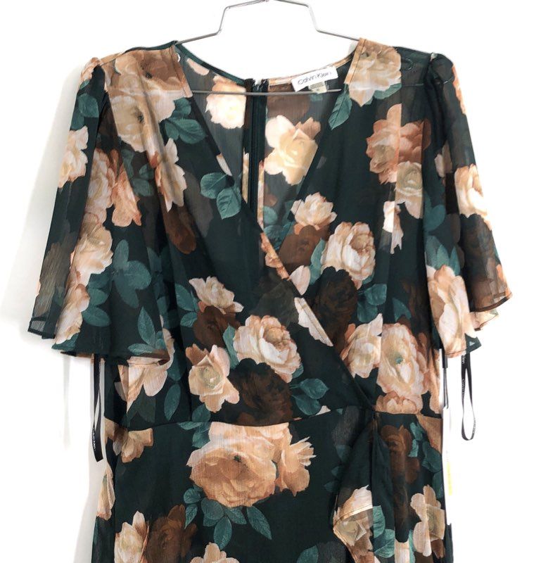 Calvin Klein Women's Green Rose Floral Ruffle Hi-Low Dress Flutter Sleeve NWT 10