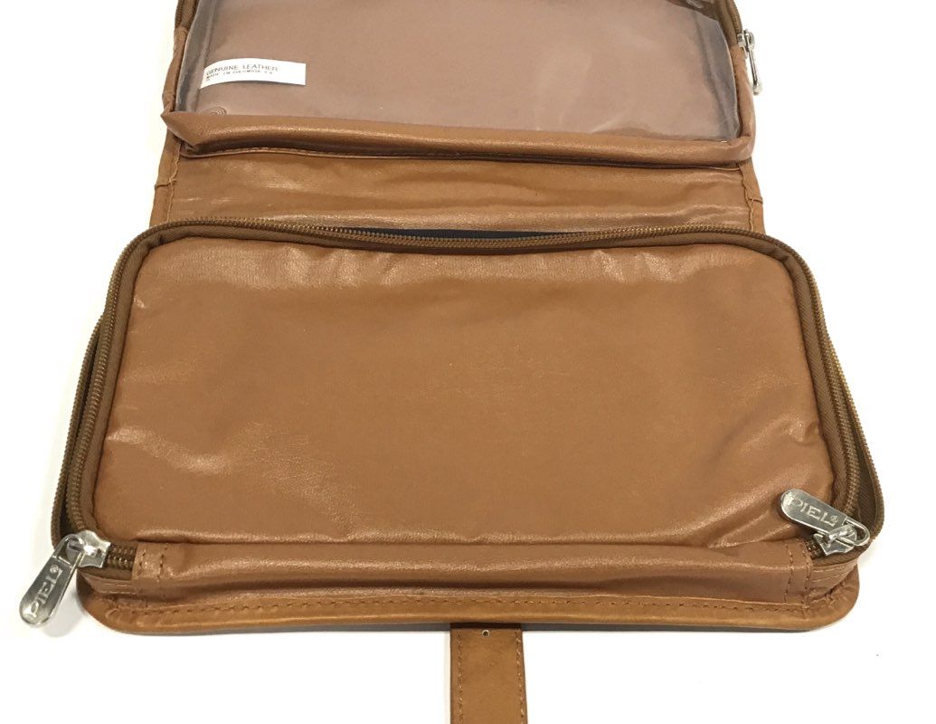 Piel Tan Genuine Leather Hanging Toiletry Bag Travel Dopp Kit Silver Hardware