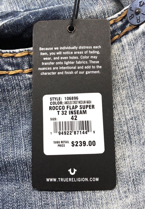 True Religion Men's Rocco Flap Super T Relaxed Skinny Jeans Med Wash NWT 42x32