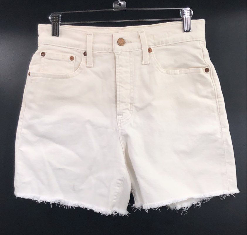 Madewell Women's The Perfect Mid-Length Jean Shorts White Denim Raw Hem Sz 26