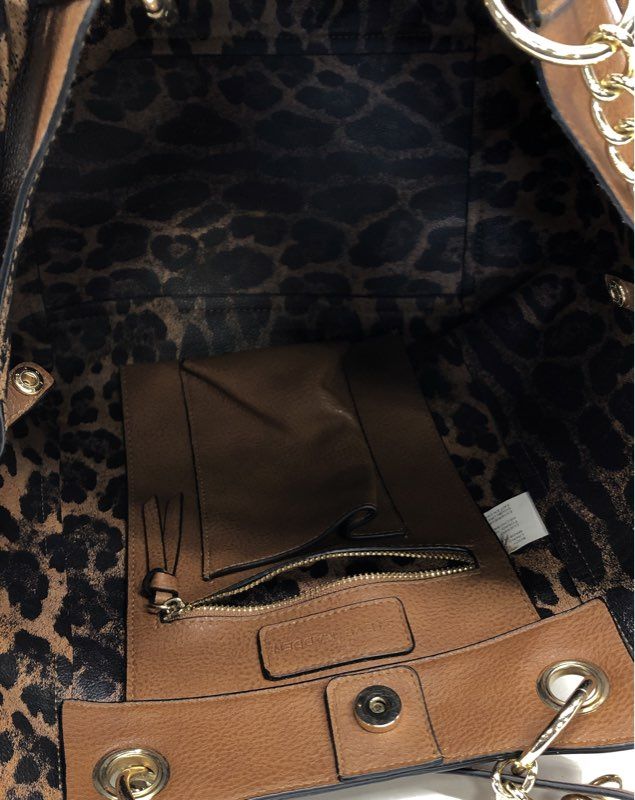 Steve Madden Light Brown Faux Leather Tote Bag Leopard Scarf Gold Chain Handles