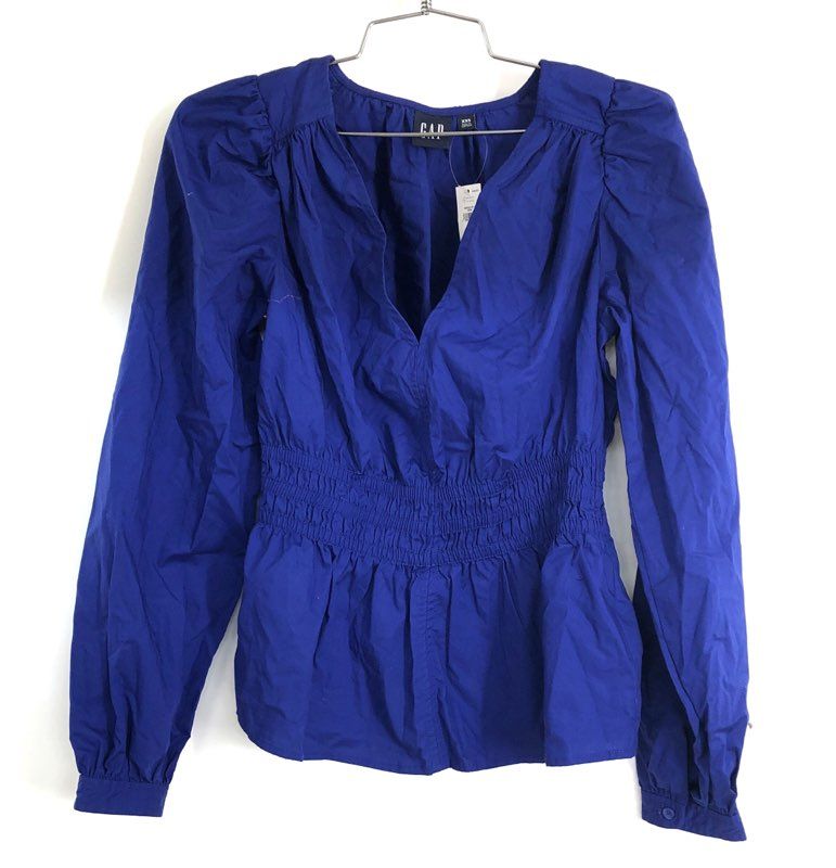 Gap Women's Blue Smocked Waist Peplum Top Puff Sleeve Cotton NWT Sz XXS