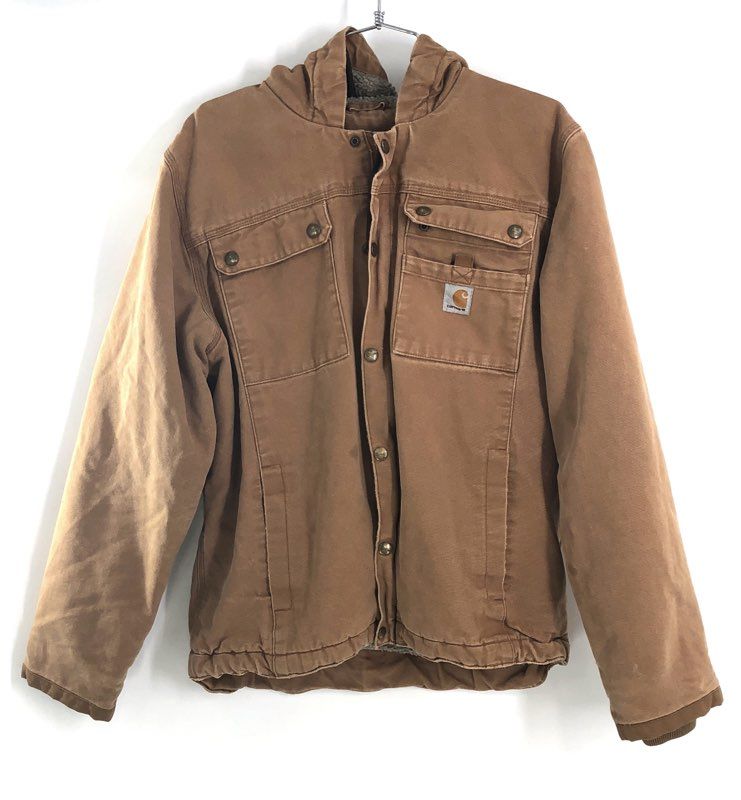 Carhartt Men's Bartlett Jacket Brown Sherpa Lined Cotton Duck Hooded Sz M