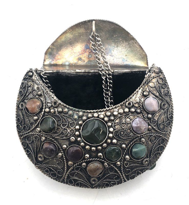 Vintage Sajai Handcrafted Metal Filigree Multi-Stone Evening Bag Crossbody