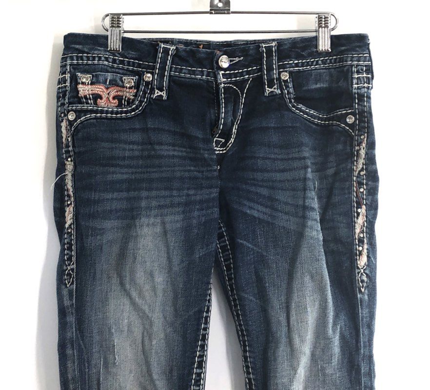 Rock Revival Women's Yui Skinny Jeans Blue Embellished Flap Pocket Sz 28