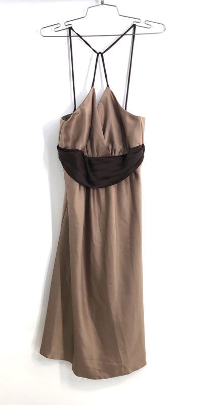 Siri Women's Yolanda 2 Dress Cafe Brown Halter Neck Satin Sash Midi Sz M