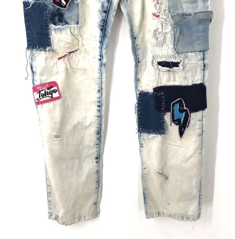 Smoke Rise Men's Jeans Acid Wash Blue Patchwork Distressed Graphic Sz 36x34