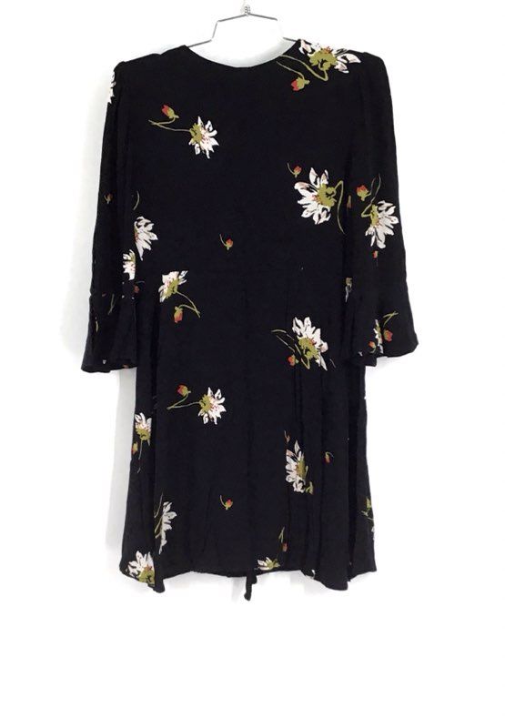 Free People Women&#39;s Black Floral Bell Sleeve V-Neck Mini Dress - Size Small