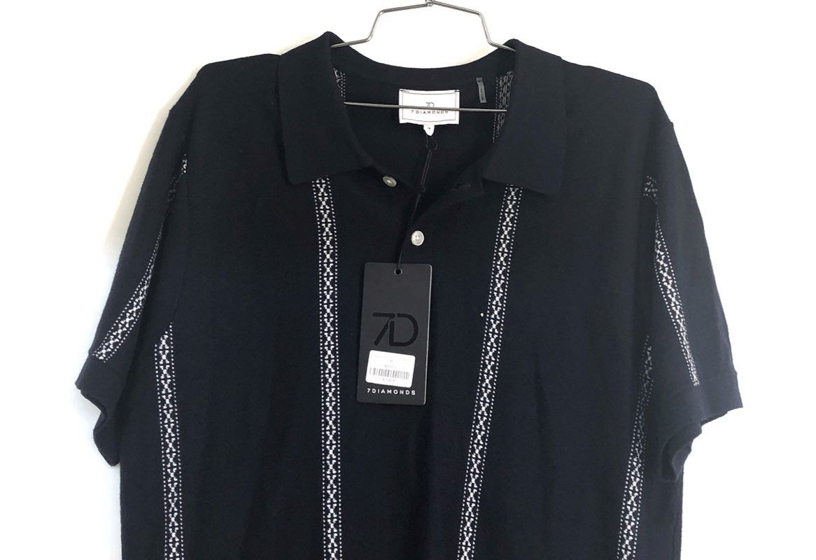 7 Diamonds Men's Reagan Sweater Polo Navy Geometric Stripe Sz M NWT