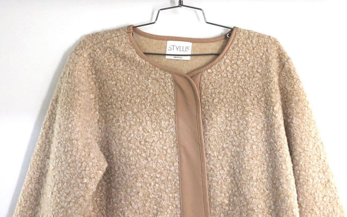 Stylus Women's Beige Boucle Faux Leather Trim Open Front Topper Coat Sz L