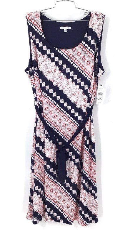 NWT Sandra Darren Women's Red Navy Blue Geometric A-Line Dress - Size 2X