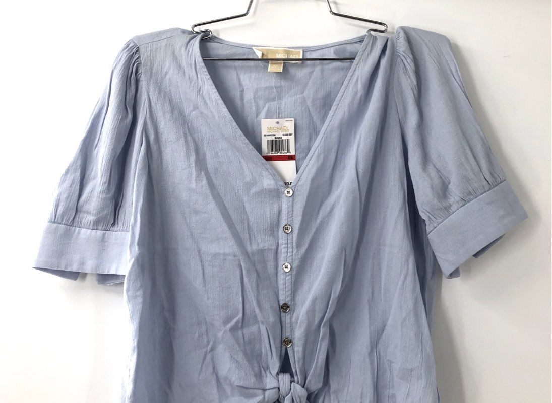 Michael Kors Women's Blue Tie-Hem Blouse Puff Sleeve Cotton Blend NWT Sz XS