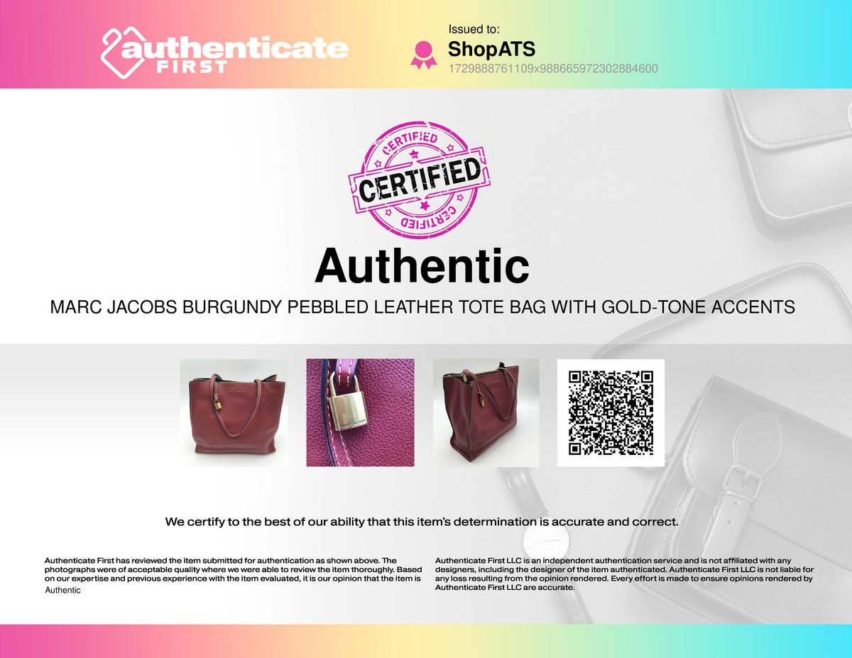 Marc Jacobs Burgundy Pebbled Leather Tote Bag with Gold-Tone Accents (+COA)