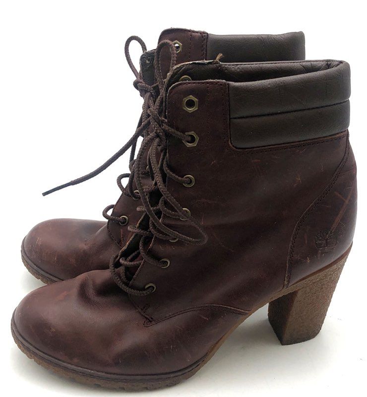 Timberland Tillston 6-Inch Dark Brown Leather Block Heel Boots Women's Size 8