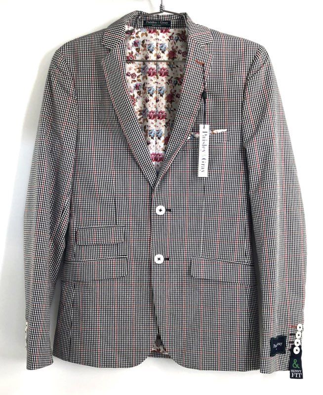 Paisley & Gray Men's Blazer Black White Red Checkers Plaid Skinny Fit NWT Sz 36R