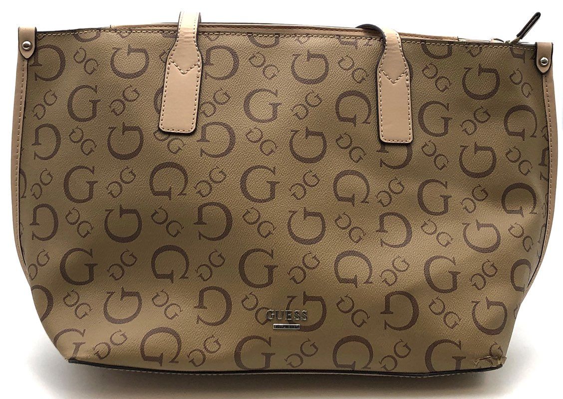 Guess Beige Brown Monogram G Logo Tote Bag Handbag with Matching Pouch Set
