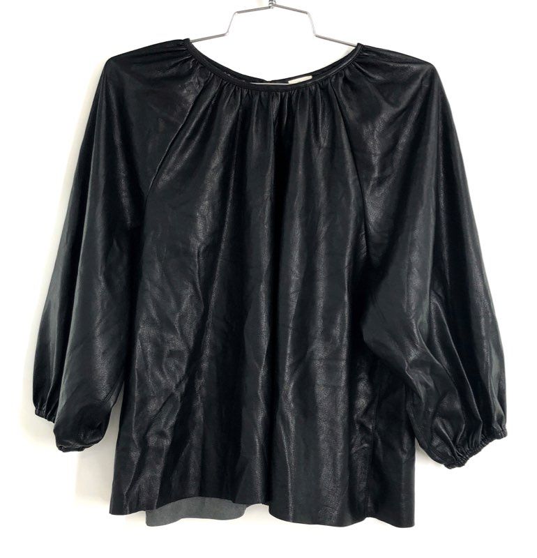 Wilfred Women's Black Faux Vegan Leather Puff Sleeve Gathered Blouse Top Sz XS