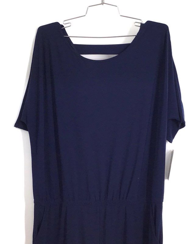 Clara Sunwoo Women's Navy Blue Soft Knit Jumpsuit Back Strap Pocket NWT Sz M
