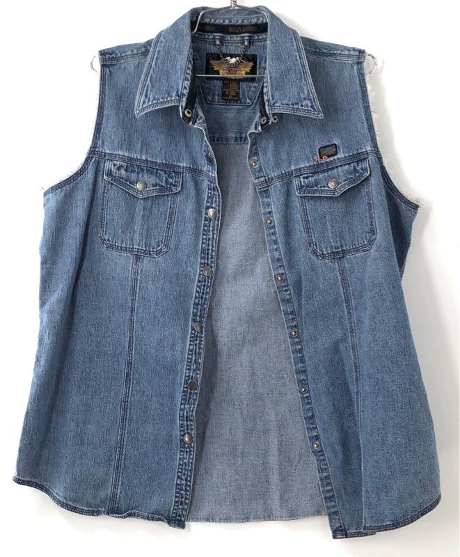 Vintage 90s Harley-Davidson Denim Cut Off Biker Vest Frayed Sleeves Sz XL