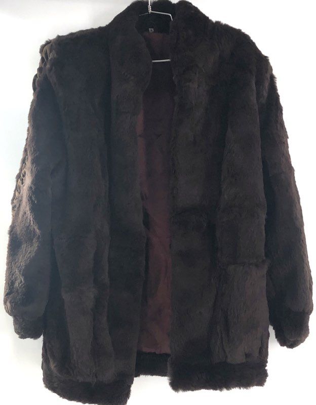 Vintage 90s Women's Dark Brown Rabbit Fur Coat Acetate Satin Lining Sz S