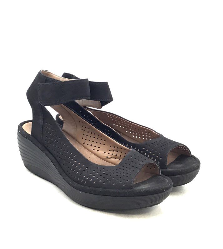 Clarks Women&#39;s Black Peep Toe Wedge Ankle Strap Heels - Size 8.5 W