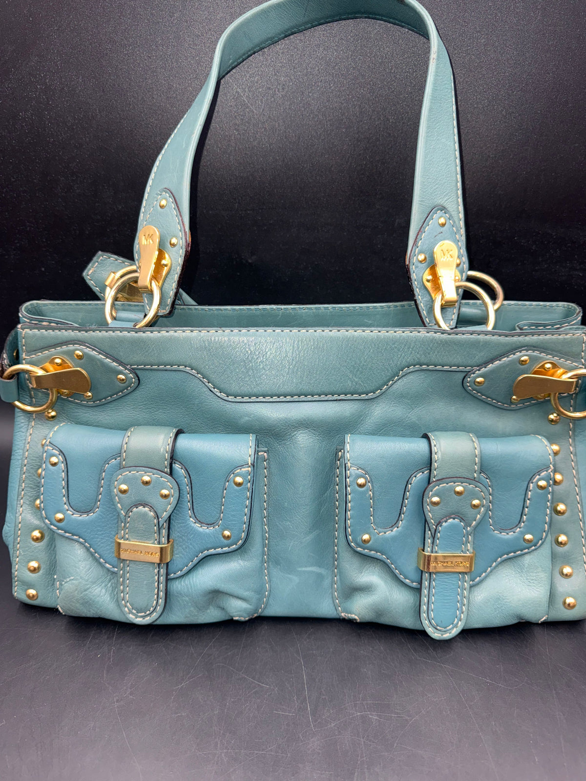 Michael Kors Blue Leather Studded Satchel Shoulder Bag Gold Hardware COA