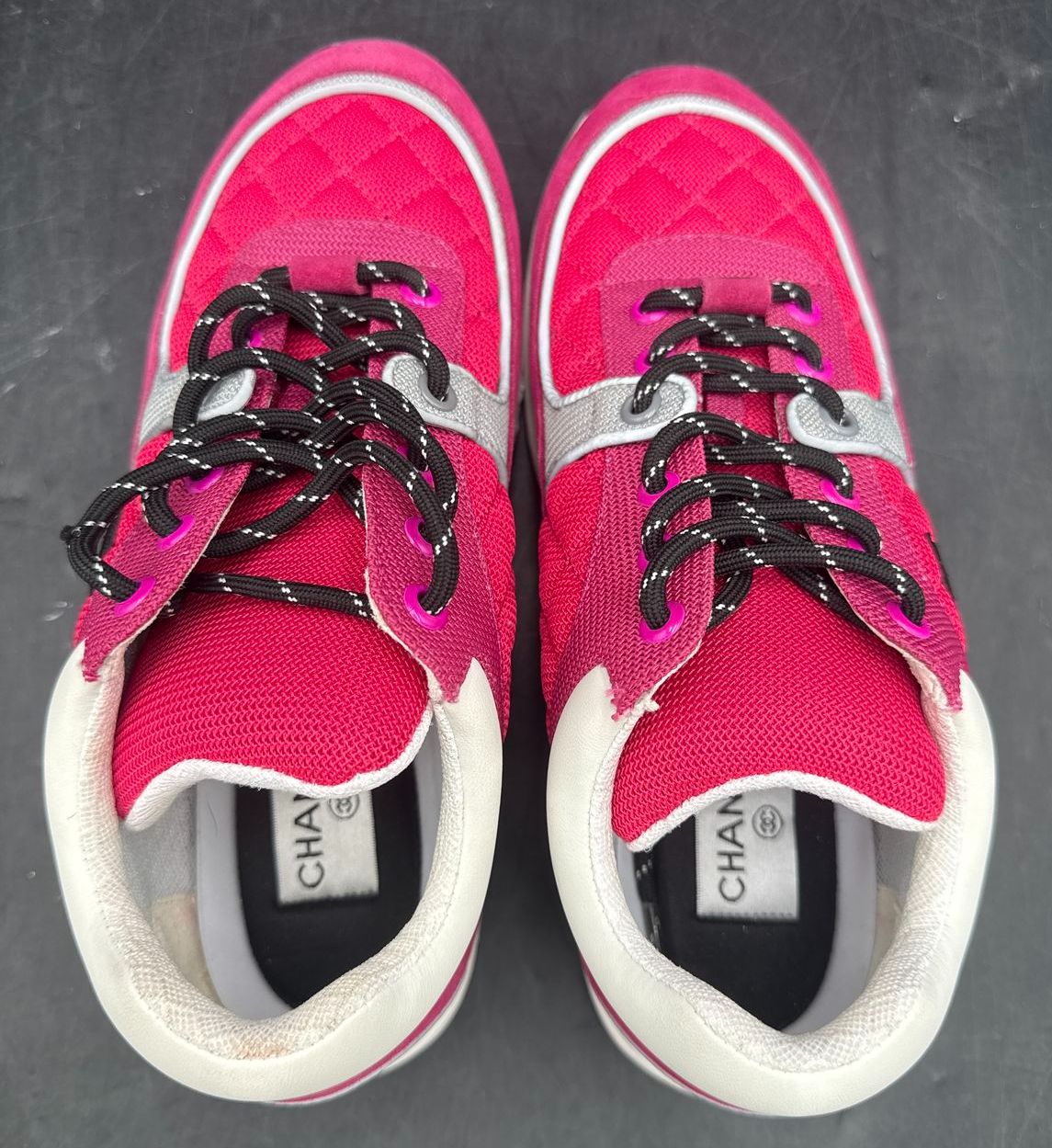 Chanel Inspired Women's Fuchsia Pink/Silver/White CC Logo Sneakers - Size 41