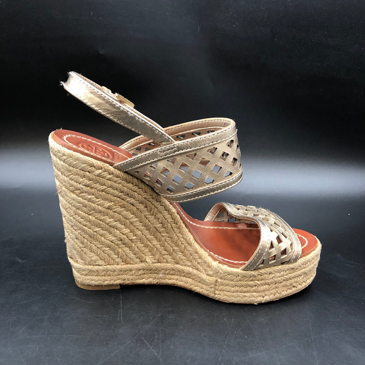 Tory Burch Metallic Gold Laser-Cut Espadrille Wedge Sandals Size 7 COA