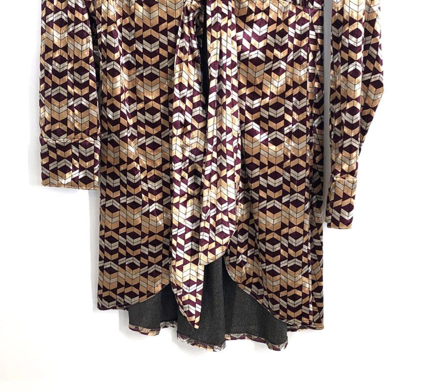 Gimmicks Women's Purple Gold Geometric Print Tie Front Velour Tunic Dress NWT L