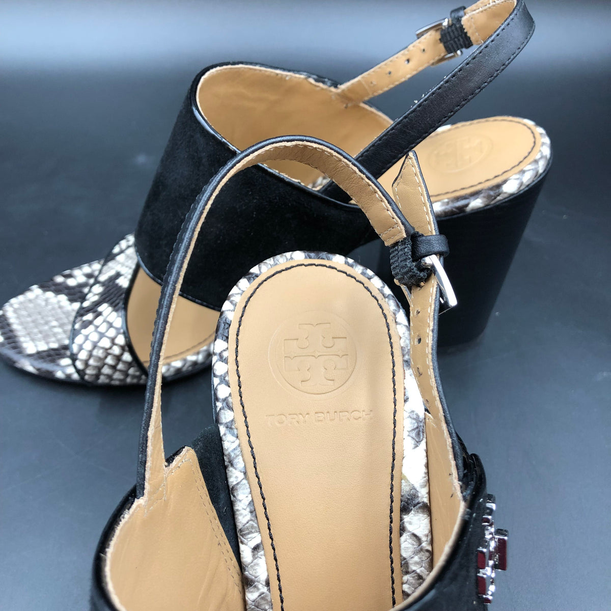 Tory Burch Black Suede Snakeskin Block Heel Sandals Size 7 COA