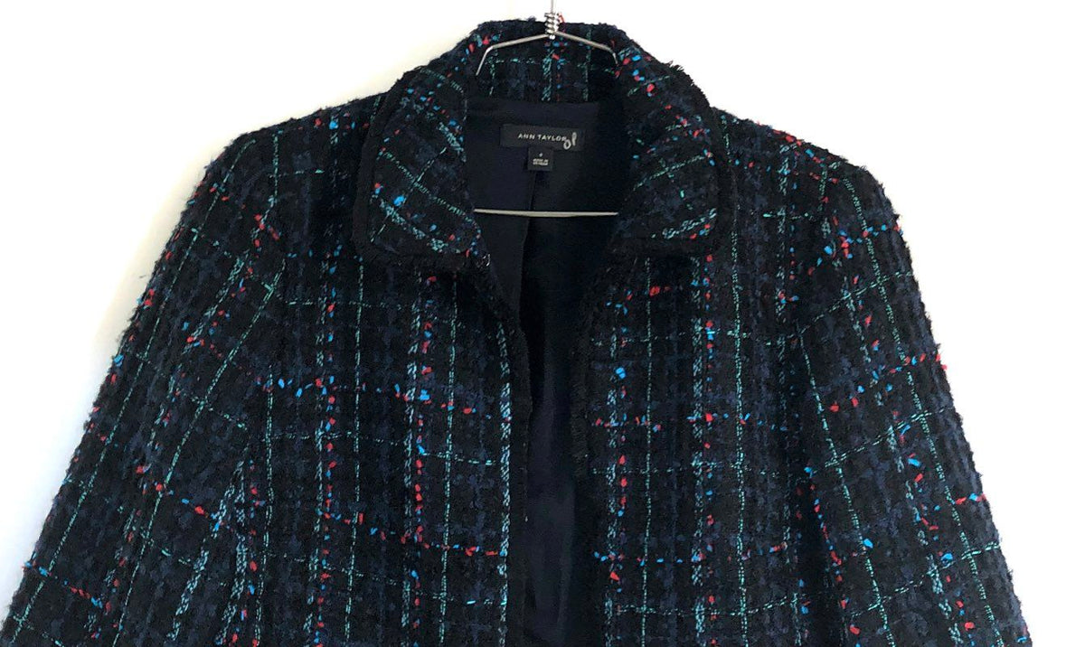 Ann Taylor Women's Black Multi Tweed Textured Open Front Jacket Pockets Sz 0