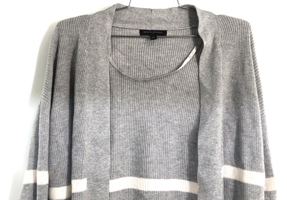 Banana Republic Women's Gray White Striped Ribbed Open Front Cardigan Sz M