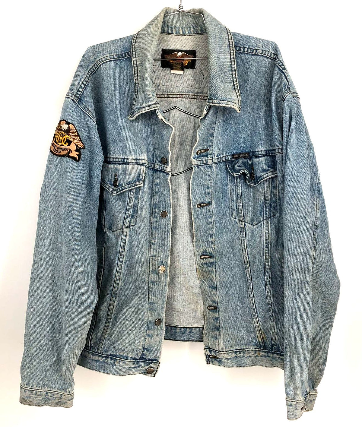 Vintage Harley-Davidson D2277 Men&#39;s Distressed Blue Denim Jacket w/ Patches - XL