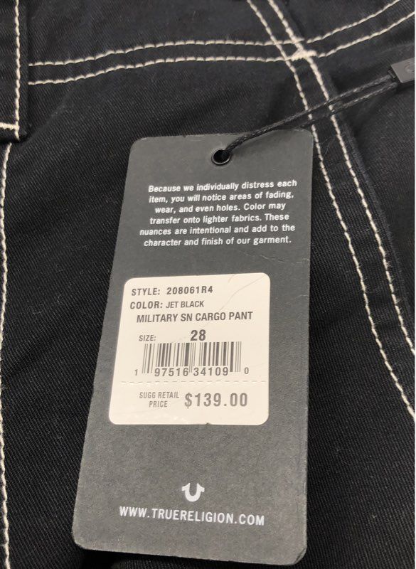True Religion Men's Military SN Cargo Pants Jet Black Contrast Stitch NWT Sz 28