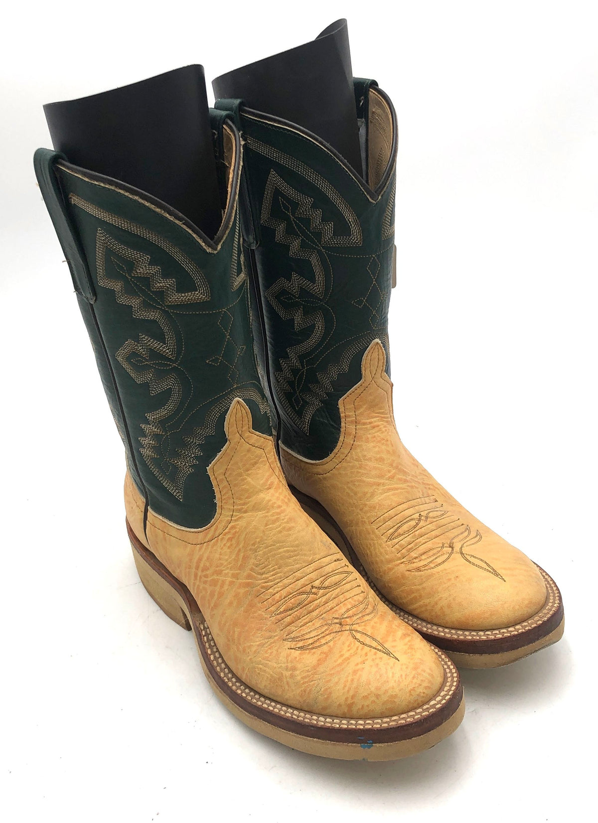 Anderson Bean Tan Bull Hide Green Leather Western Cowboy Boots Size 7.5