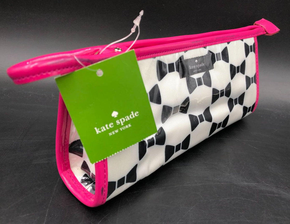 Kate Spade Heddy White/Black Bow Print Cosmetics Pouch w/ Pink Trim &amp; Tag (+COA)