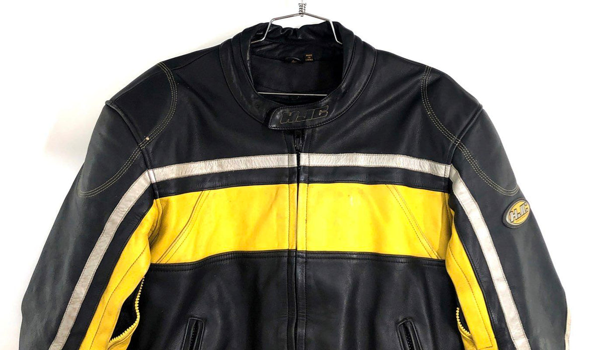 HJC Men's Cirotech Leather Motorcycle Jacket Yellow Black Padded Vintage Y2K 48