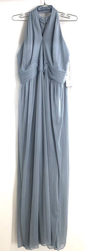 David's Bridal Women's Dusty Blue Chiffon Halter Gown Crisscross Sz 16 NWT