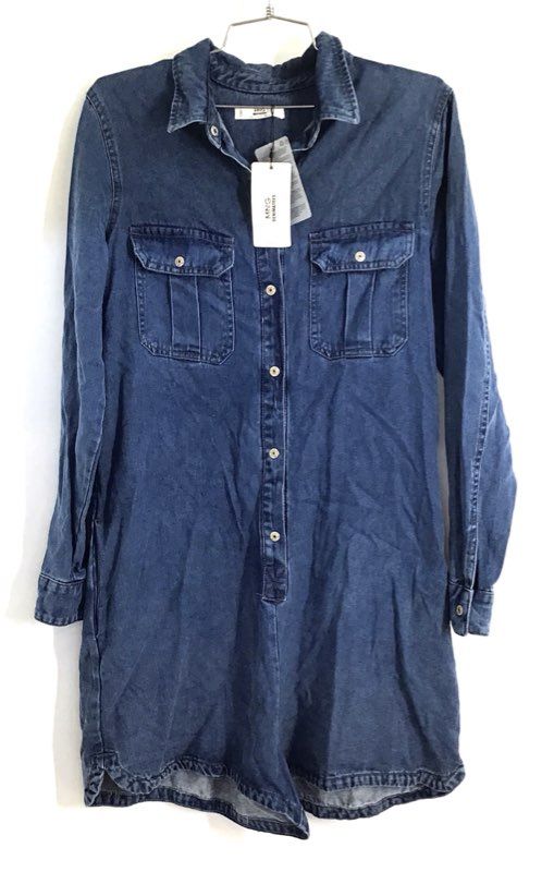 Mango Women's Peto Boat Blue Denim Romper Playsuit Long Sleeve NWT Sz M