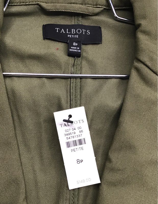 Talbots Women's Blazer Jacket Olive Green Cotton Blend Casual NWT Size 8P