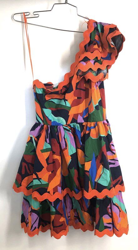 Avara Women's Lucy Multicolor One Shoulder Scalloped Tiered Dress NWT Sz M