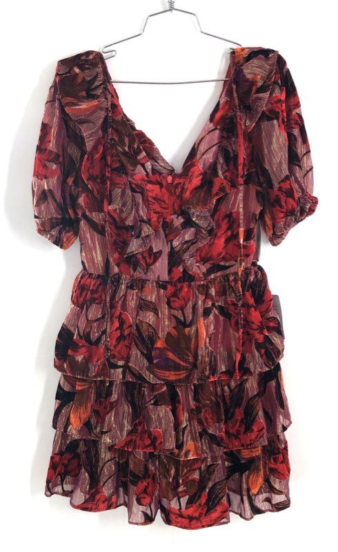 Adelyn Rae Women's Mini Dress Cherry Red Floral Metallic Tiered Ruffle Sz S NWT