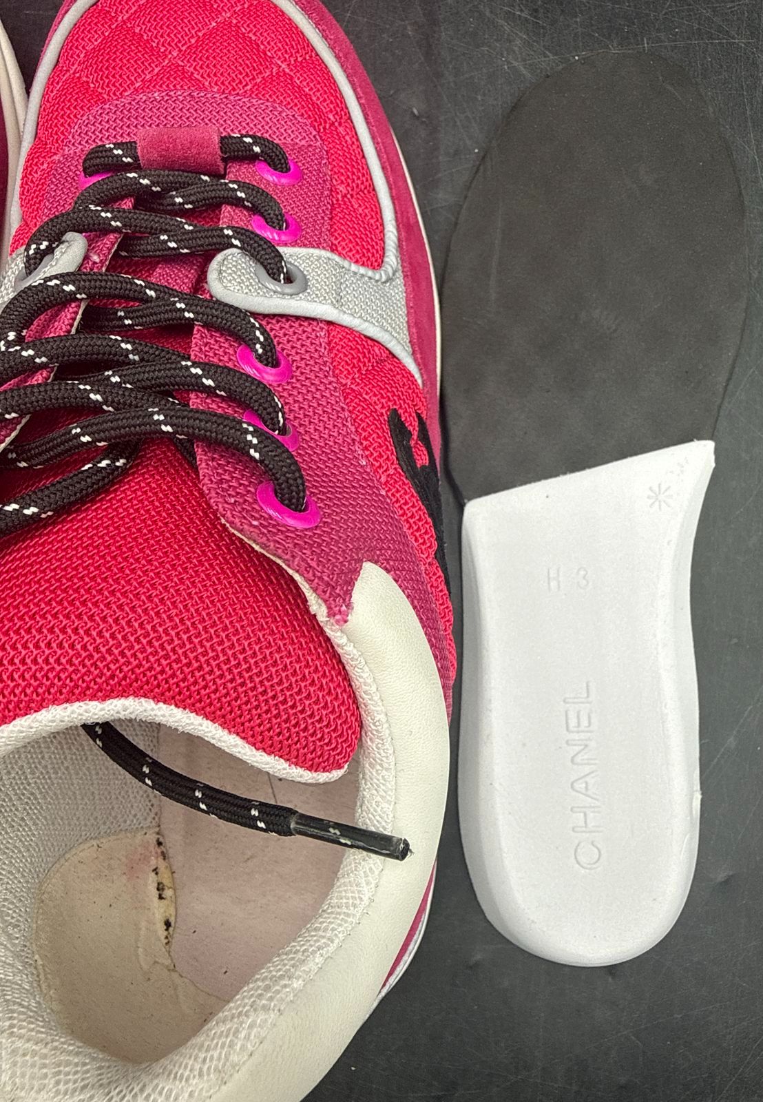 Chanel Inspired Women's Fuchsia Pink/Silver/White CC Logo Sneakers - Size 41