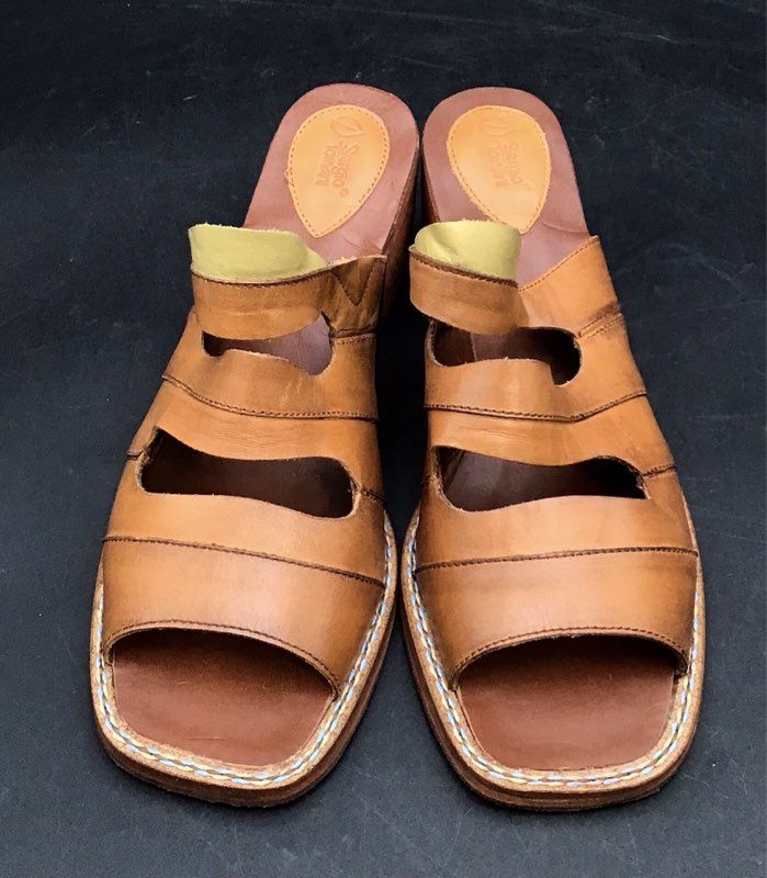 Sergio Tomani Brown Leather Cutout Block Heel Mules Sandals Womens Size EU 40
